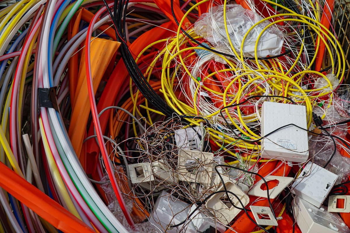 a tangled web of multicolored wires connected to a circuit board