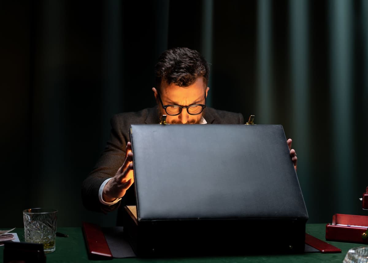 a high-end metal briefcase sitting open on a glass table