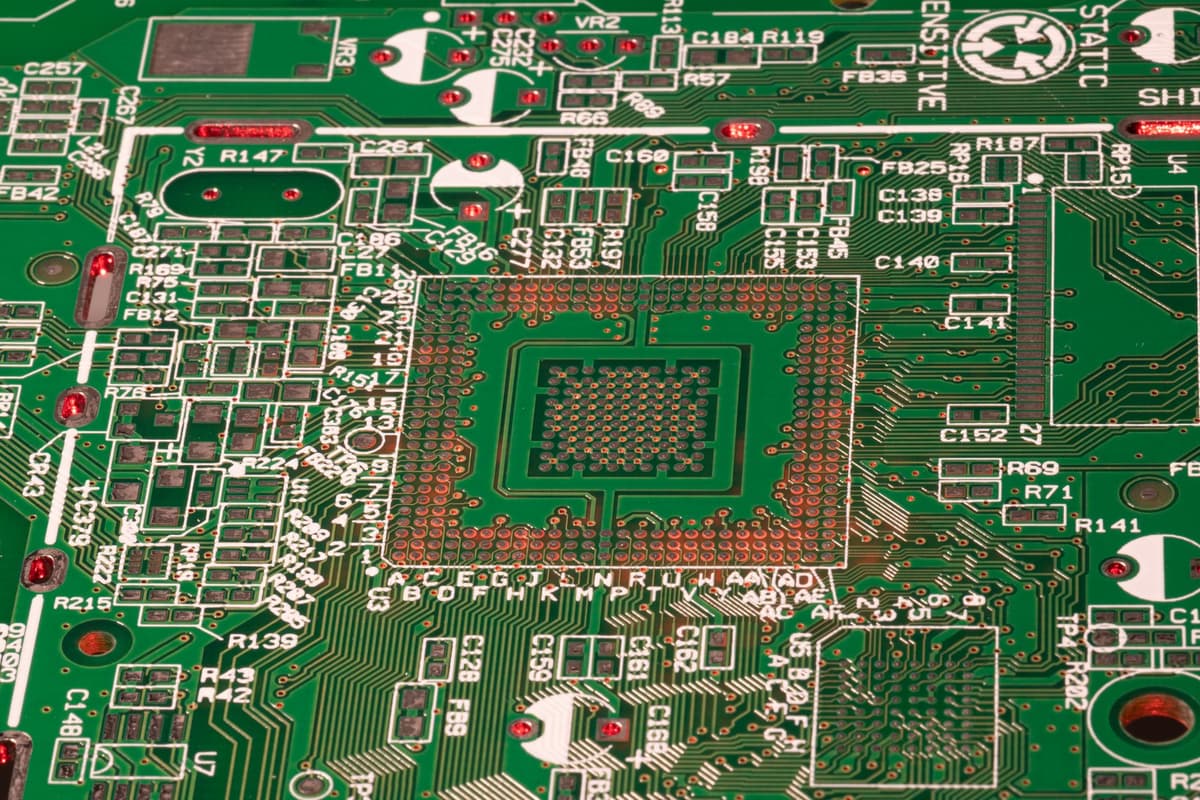 a close up of a green printed circuit board with exposed copper traces under a magnifying glass