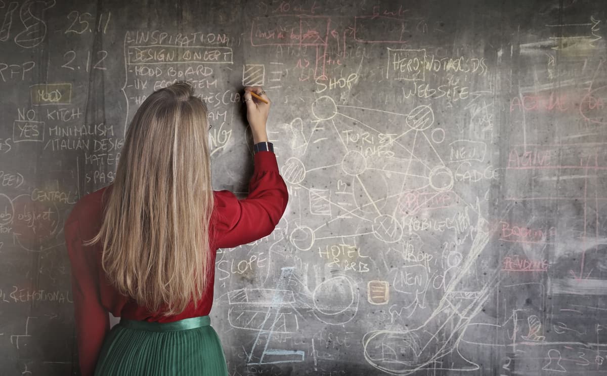 a stressed man staring at a giant messy chalkboard map