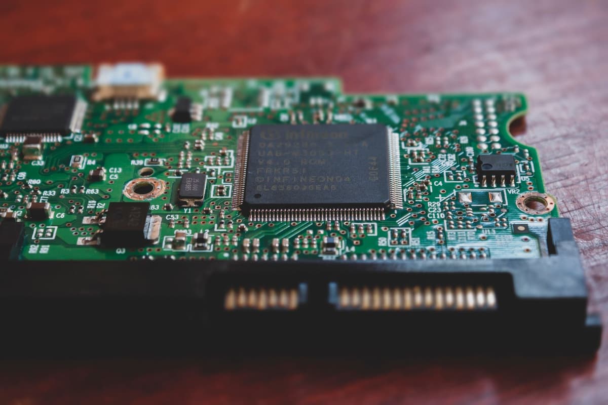 a high-contrast close up of a circuit board