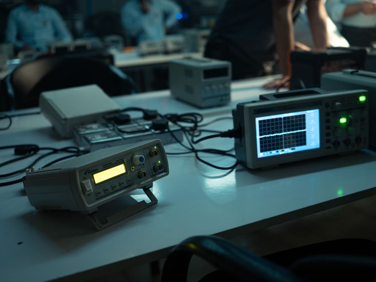 a digital multimeter testing a complex circuit board in a dimly lit control room